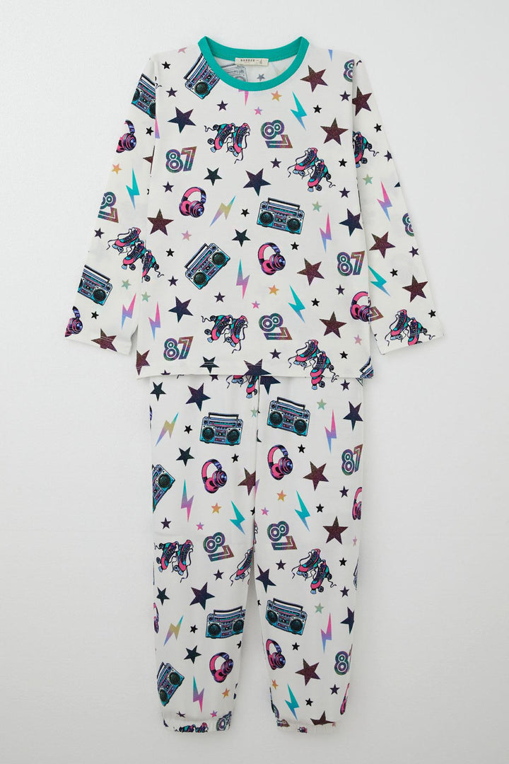 BRE Breeze Girl's Pajama Set Music Themed Star Patterned 4-8 Years, Ecru - Lancaster