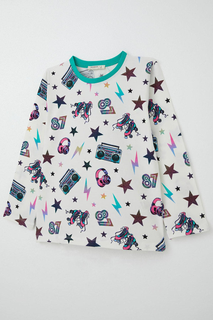 BRE Breeze Girl's Pajama Set Music Themed Star Patterned 4-8 Years, Ecru - Lancaster