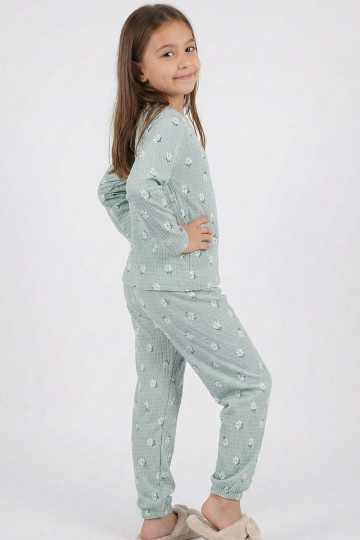 BRE Breeze Kız Çocuk Pijama Takımı Papatya Desenli 4-8 Yaş, Su Yeşili - Antony