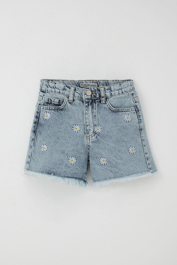 BRE Breeze Girl's Shorts Jeans with Daisy Embroidery Hem Tassel Detail 5-9 Years, Light Blue - Carson