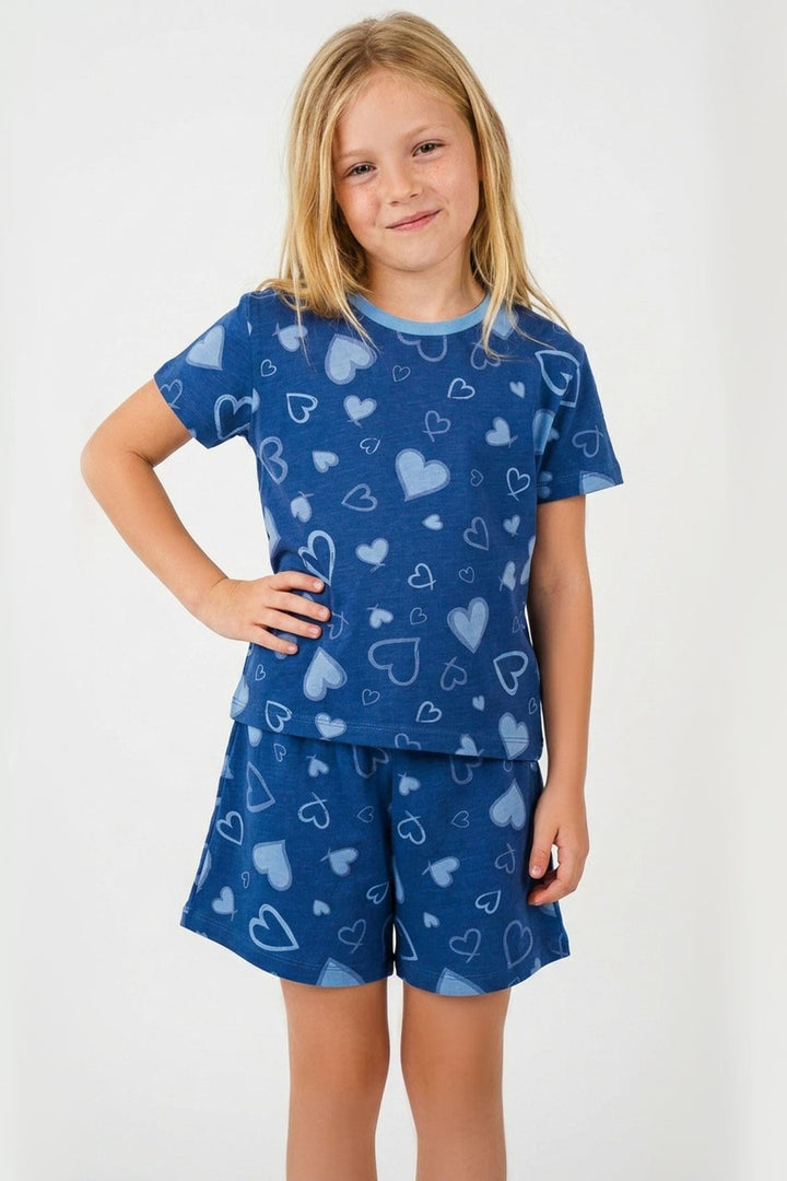 BRE Breeze Kız Çocuk Şortlu Pijama Takımı Kalp Desenli 4-8 Yaş, İndigo - Ninove