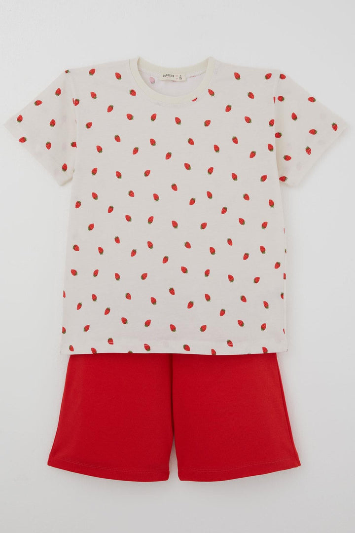 BRE Breeze Kız Çocuk Şortlu Pijama Takımı Çilek Desenli 4-8 Yaş, Krem - Walkden