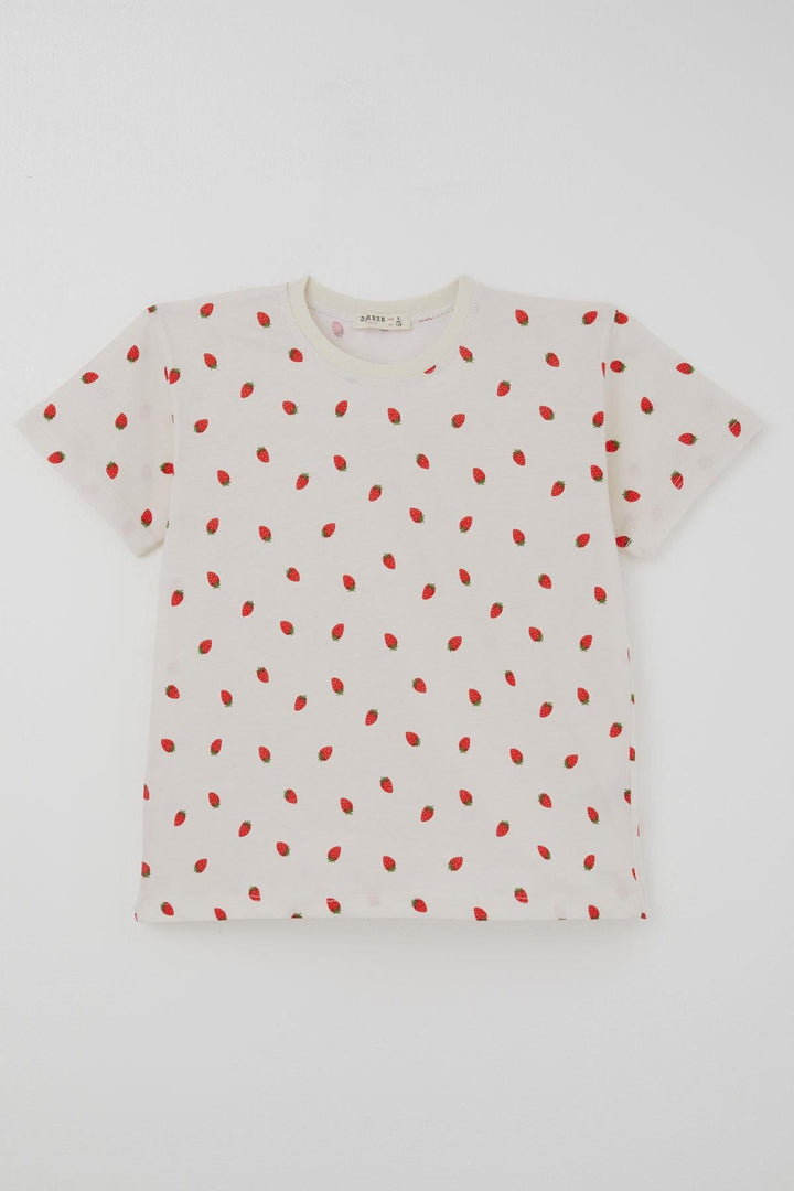 BRE Breeze Kız Çocuk Şortlu Pijama Takımı Çilek Desenli 4-8 Yaş, Krem - Walkden