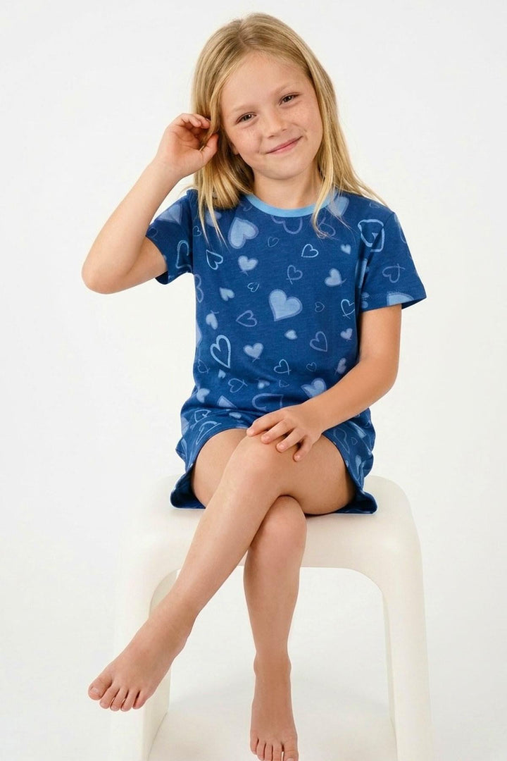 BRE Breeze Kız Çocuk Şortlu Pijama Takımı Kalp Desenli 4-8 Yaş, İndigo - Ninove