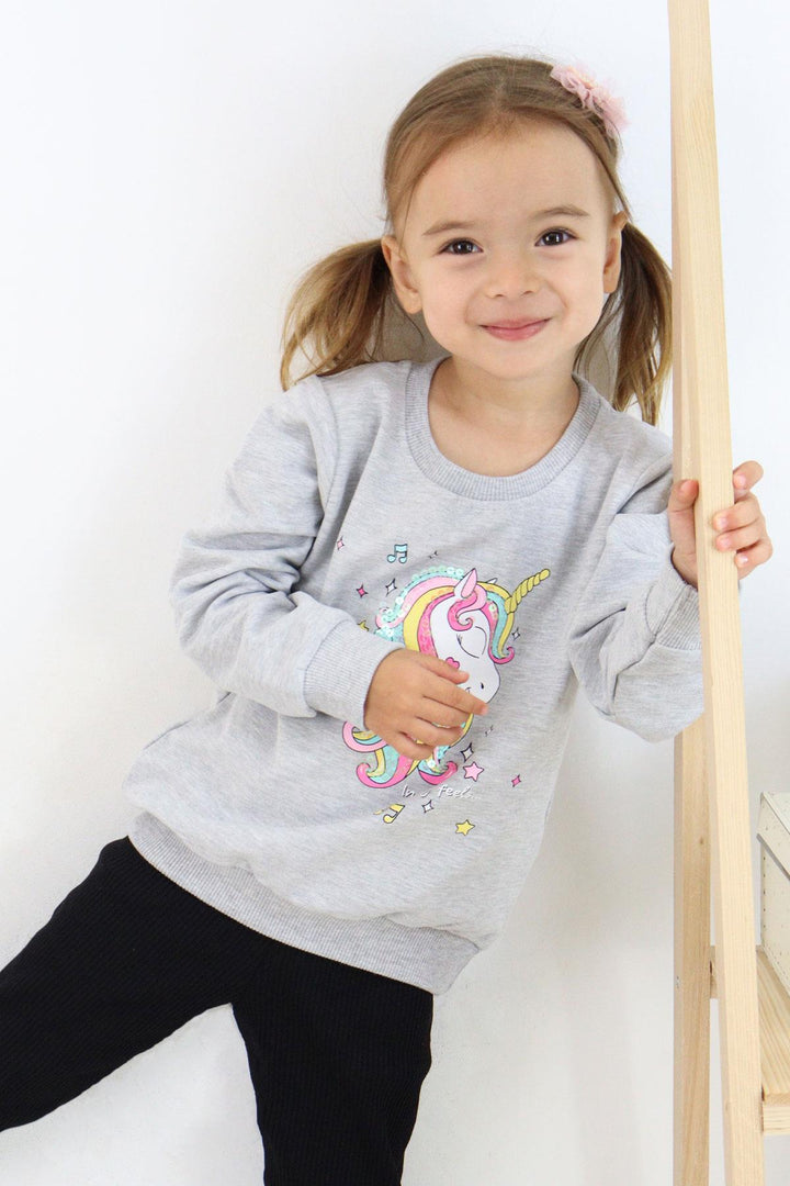 BRE Breeze Girl Child Sweatshirt Printed Sequined Unicorn 2-6 Years, Gray Melange - Whangarei