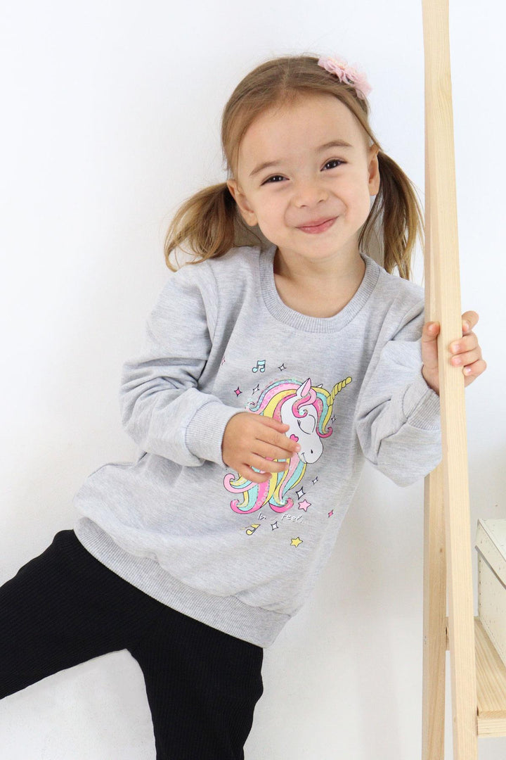 BRE Breeze Girl Child Sweatshirt Printed Sequined Unicorn 2-6 Years, Gray Melange - Whangarei