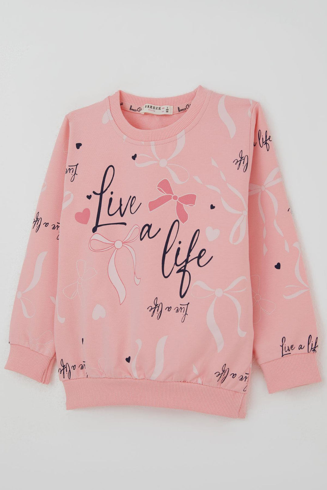 BRE Breeze Kız Çocuk Sweatshirt Fiyonk & Kalp Baskılı 3-8 Yaş, Pembe - Houten