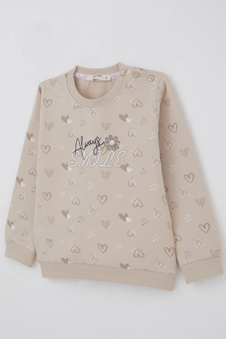 BRE Breeze Girl Child Sweatshirt Heart Pattern Printed Text 1.5-5 Years, Beige - Johns Creek