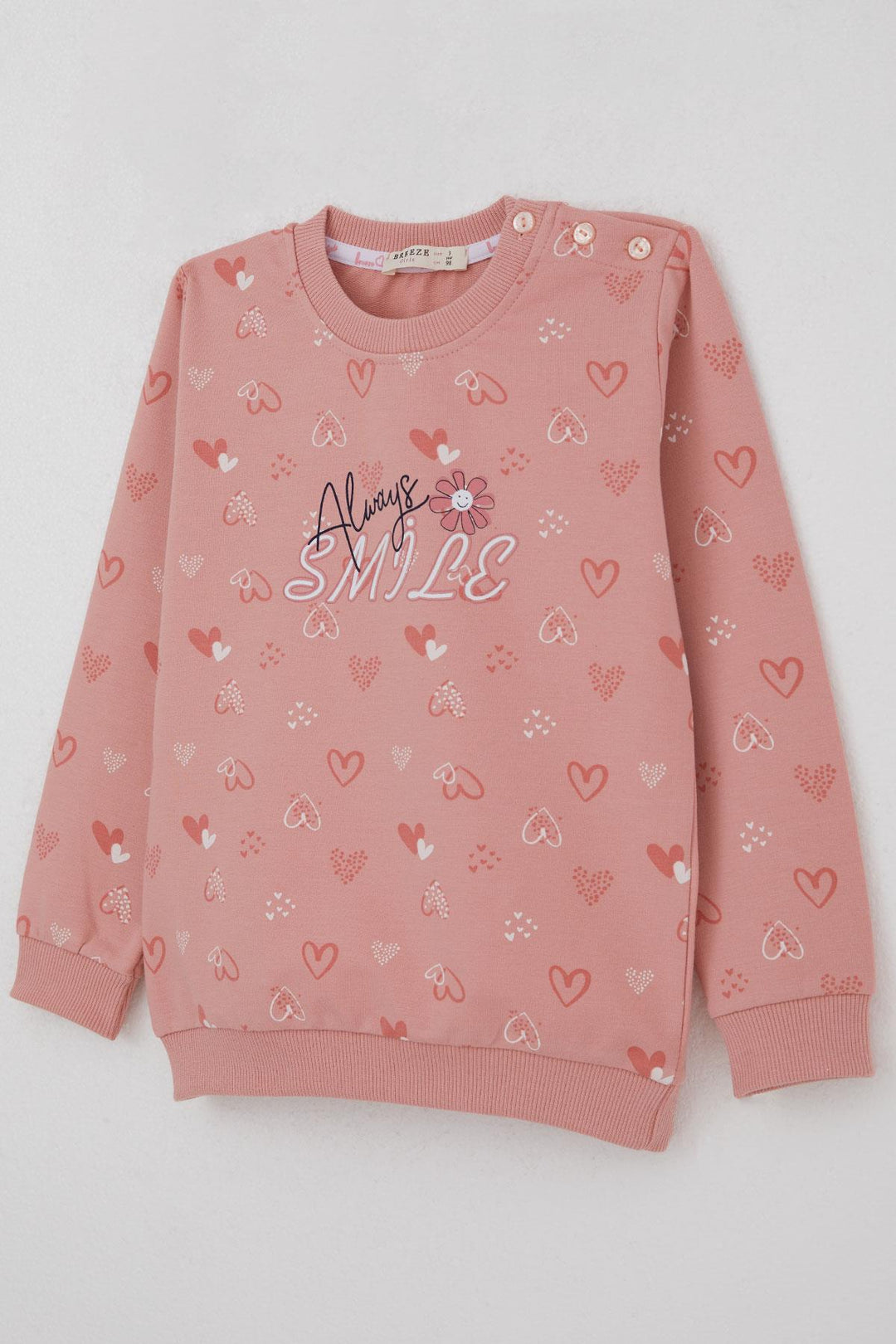 BRE Breeze Girl Child Sweatshirt Heart Pattern Printed Text 1.5-5 Years, Rose Pink - Cannes