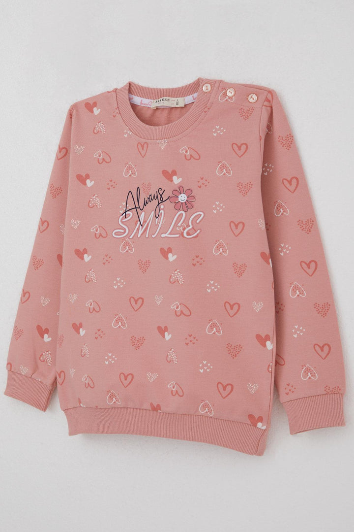 BRE Breeze Girl Child Sweatshirt Heart Pattern Printed Text 1.5-5 Years, Rose Pink - Cannes