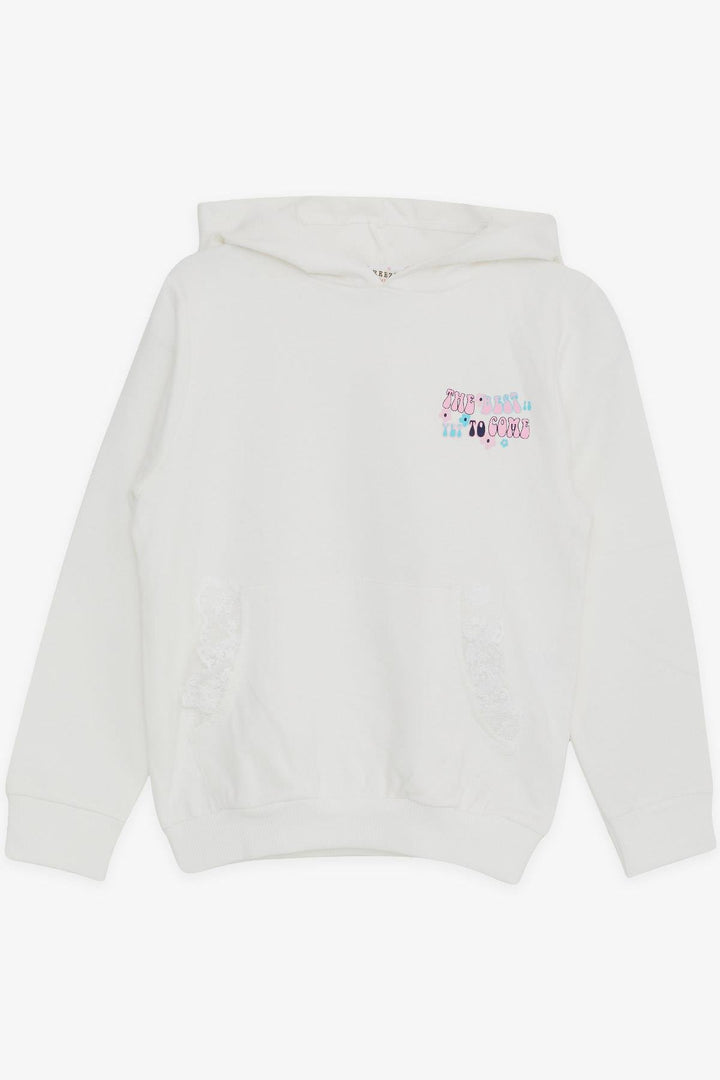 BRE Breeze Girl's Sweatshirt with Kangaroo Pocket, Printed with Text, Lace Detailed, 3-8 Years, Ecru - San Antonio