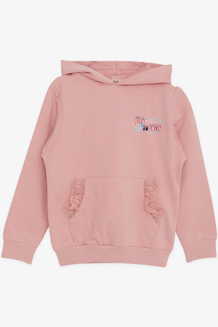 BRE Breeze Girl's Sweatshirt with Kangaroo Pocket, Printed with Text and Lace, 3-8 Years, Rose Pink - Hamilton