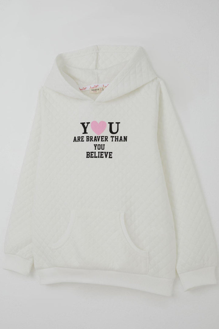 BRE Breeze Kız Çocuk Sweatshirt Kapitone Desenli Kanguru Cepli 84 Yaş, Ekru - Leonberg