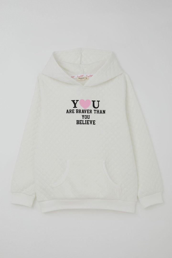 BRE Breeze Kız Çocuk Sweatshirt Kapitone Desenli Kanguru Cepli 84 Yaş, Ekru - Leonberg