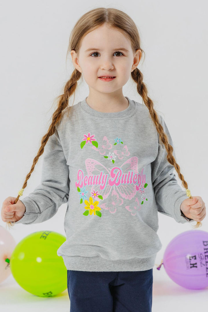 BRE Breeze Girl Child Sweatshirt Butterfly Printed 3-8 Years, Light Grey Melange - Dendermonde
