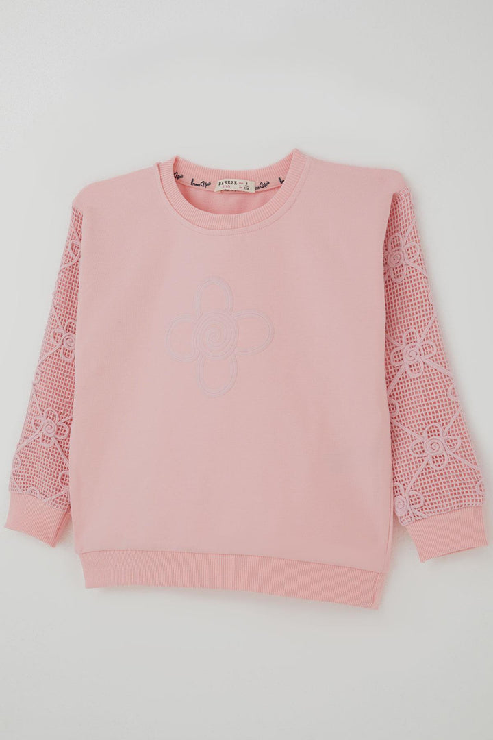 BRE Breeze Kız Çocuk Sweatshirt Kolları Çiçek Aplike İşlemeli File Detaylı 50 Yaş, Pembe - Cupertino