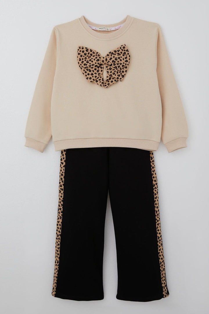 BRE Breeze Kız Çocuk Sweatshirt Leopar Fiyonk Aksesuarlı 5-9 Yaş, Krem - Netishyn