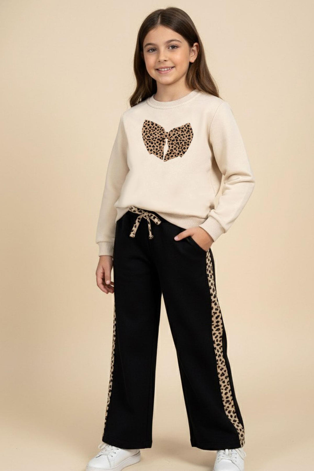 BRE Breeze Kız Çocuk Sweatshirt Leopar Fiyonk Aksesuarlı 5-9 Yaş, Krem - Netishyn