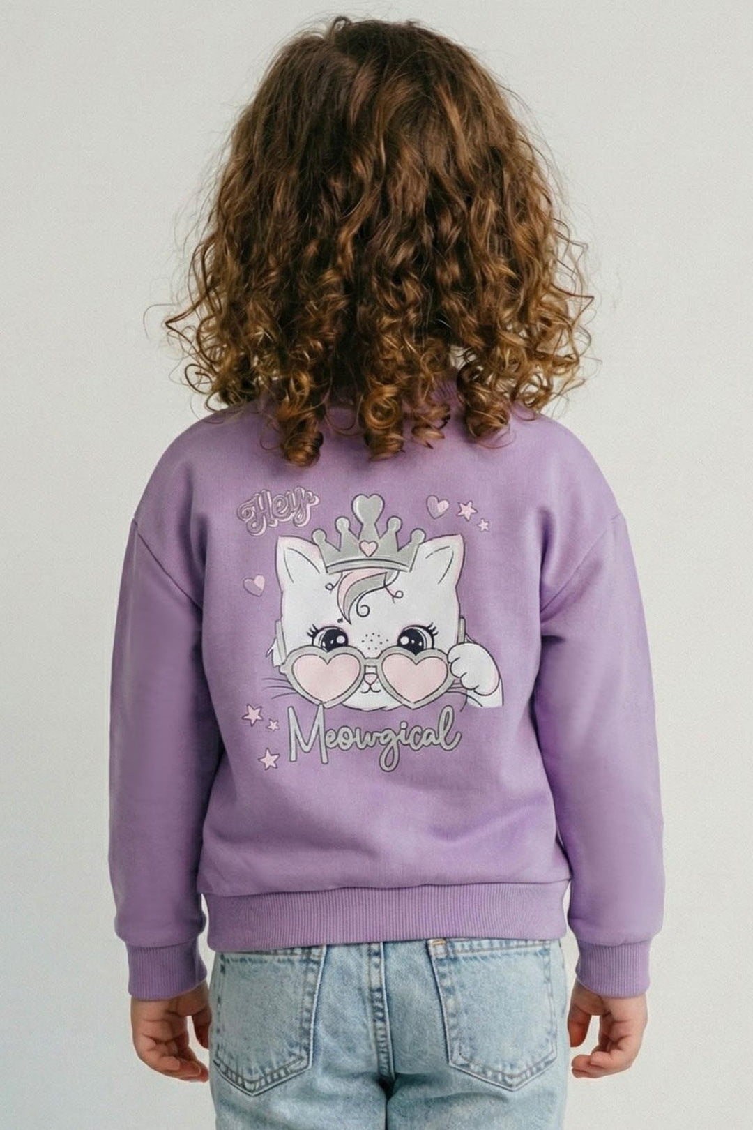 BRE Breeze Kız Çocuk Sweatshirt Minik Taçlı Kedi Prenses Baskılı Sırt Baskı Detaylı 1.5-5 Yaş, Lila - Nancy