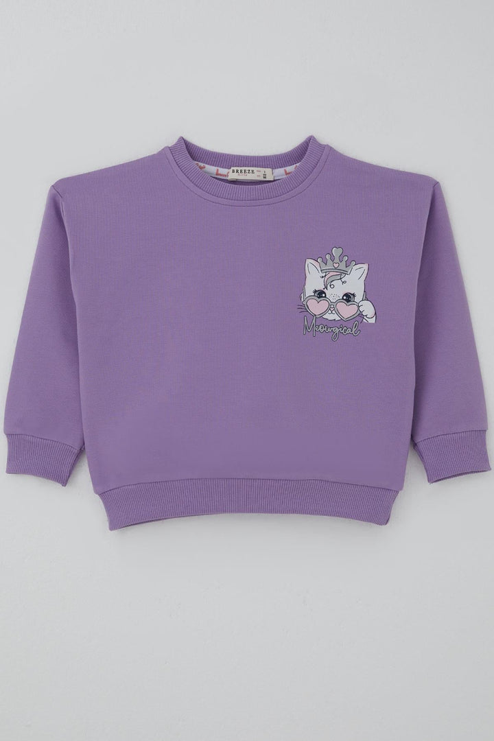 BRE Breeze Kız Çocuk Sweatshirt Minik Taçlı Kedi Prenses Baskılı Sırt Baskı Detaylı 1.5-5 Yaş, Lila - Nancy