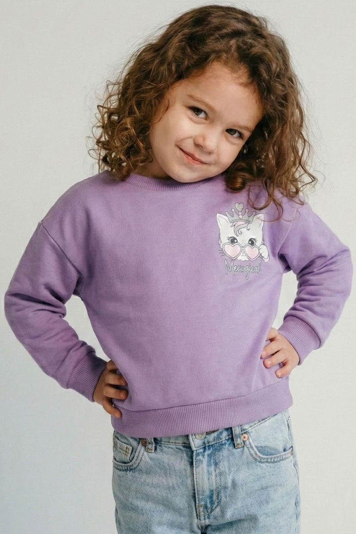 BRE Breeze Kız Çocuk Sweatshirt Minik Taçlı Kedi Prenses Baskılı Sırt Baskı Detaylı 1.5-5 Yaş, Lila - Nancy