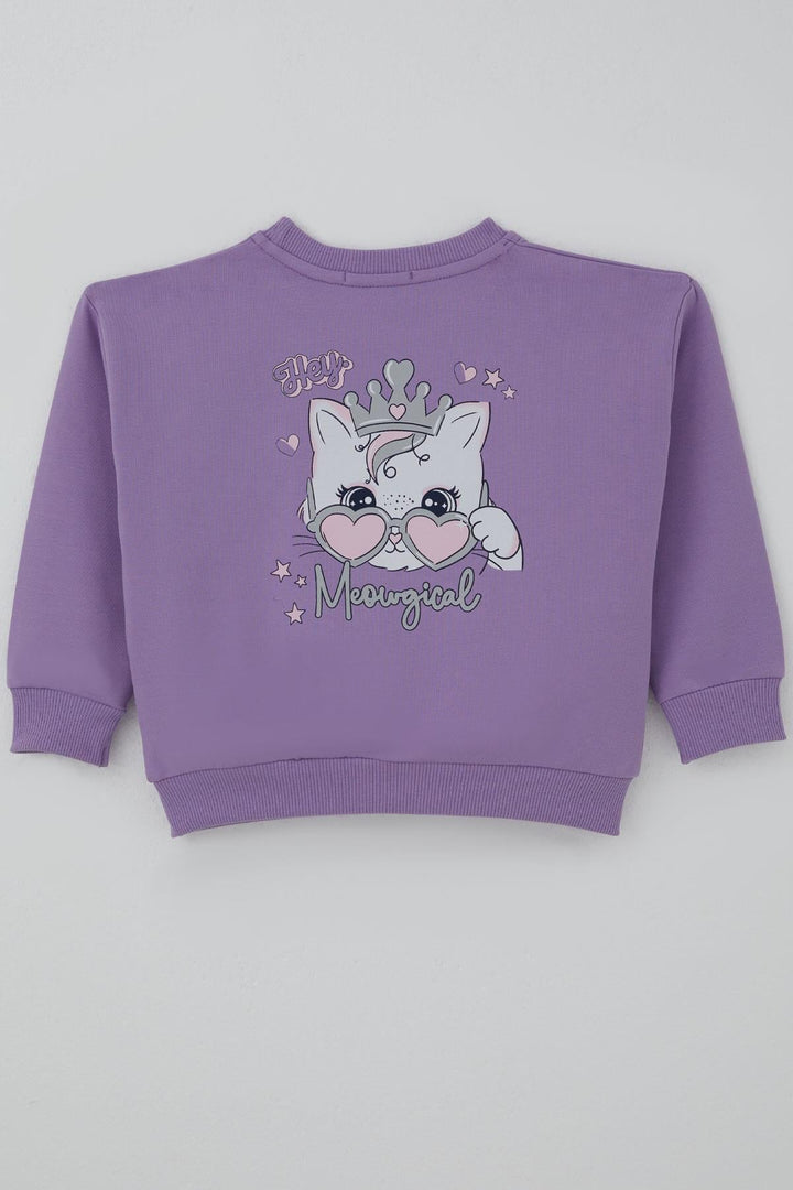 BRE Breeze Kız Çocuk Sweatshirt Minik Taçlı Kedi Prenses Baskılı Sırt Baskı Detaylı 1.5-5 Yaş, Lila - Nancy