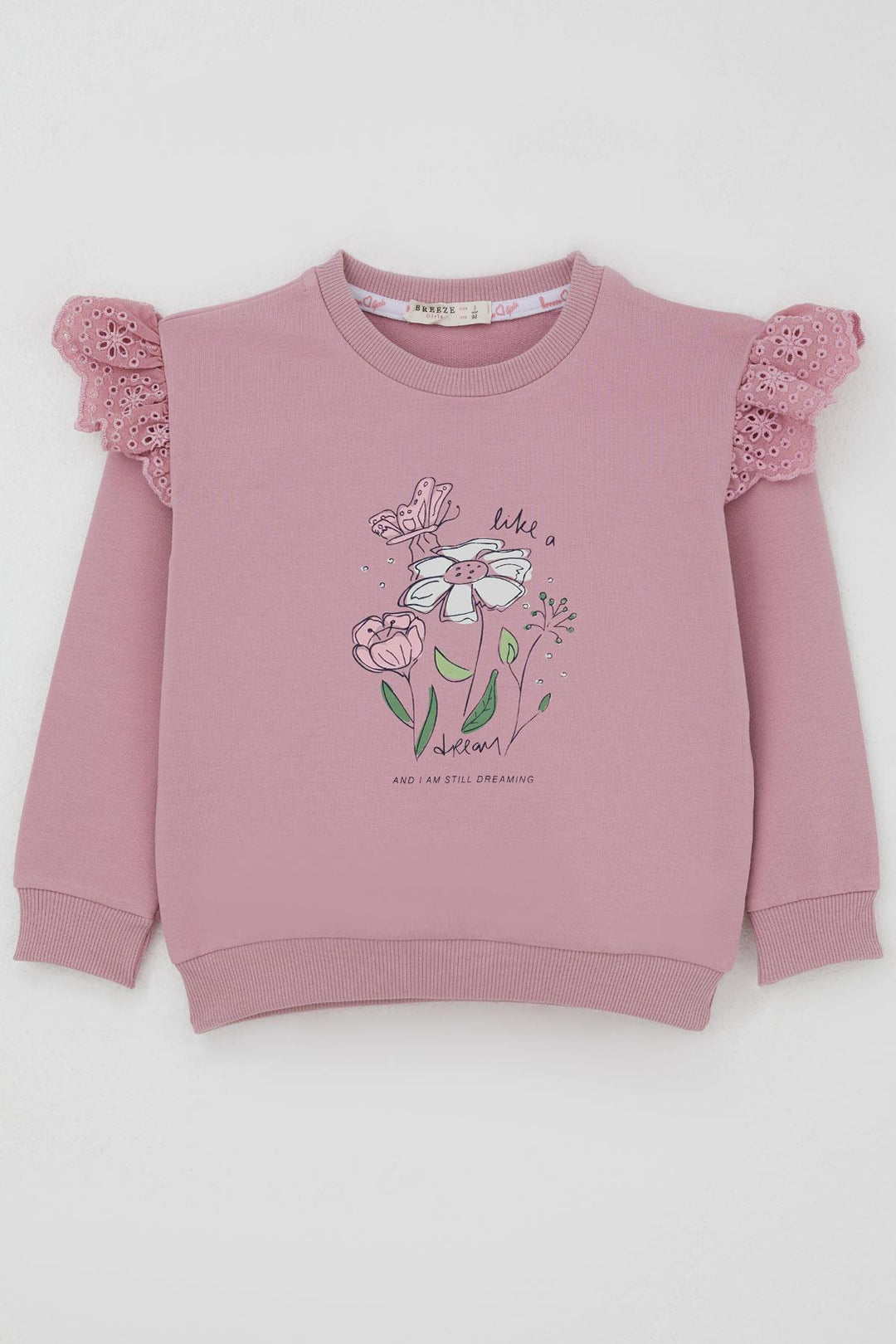 BRE Breeze Kız Çocuk Sweatshirt Omuzları Çiçek Nakış Detaylı Çiçek Baskılı 2-6 Yaş, Gülkurusu - Brighton