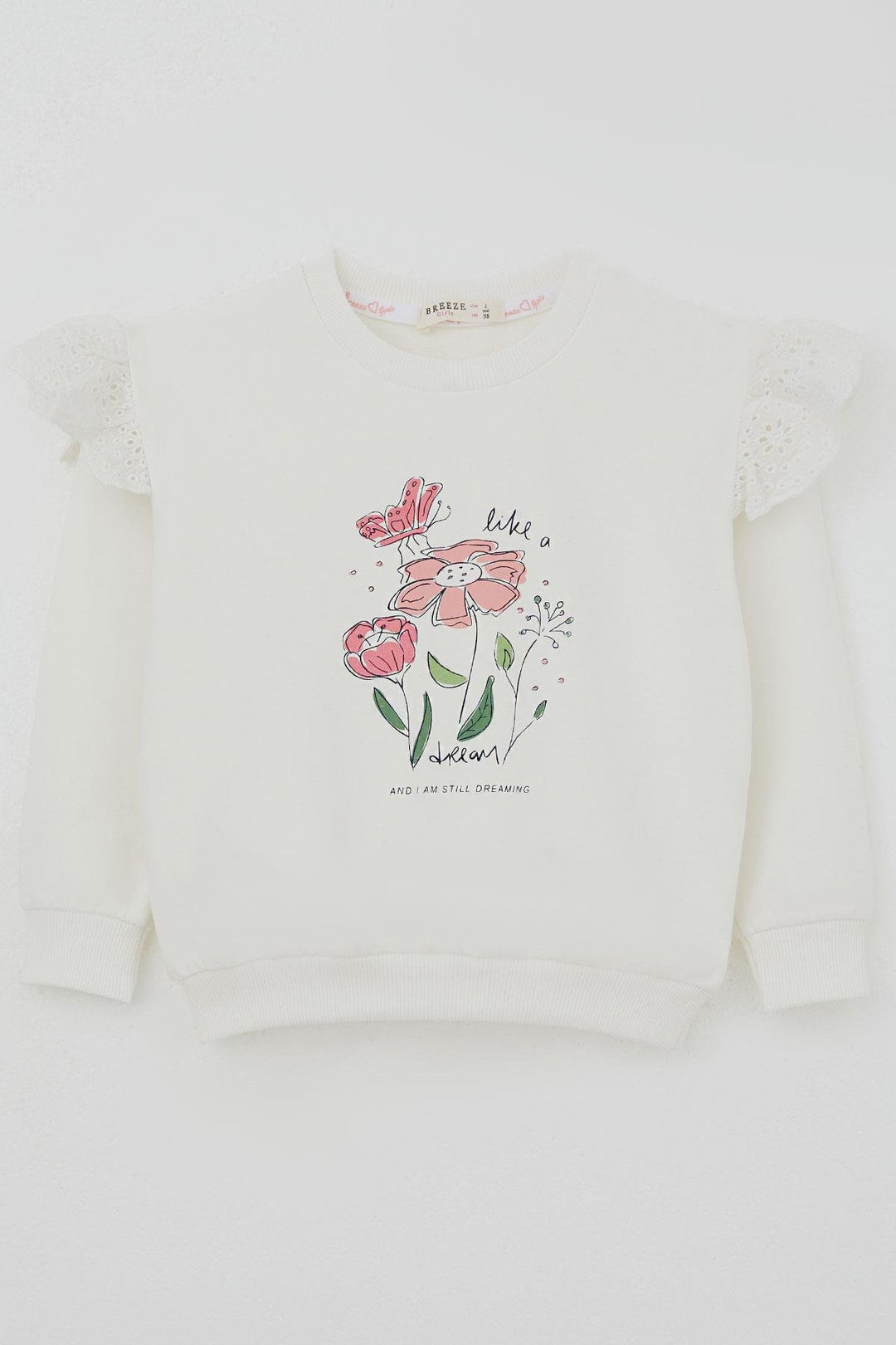 BRE Breeze Kız Çocuk Sweatshirt Omuzları Çiçek Nakış Detaylı Çiçek Baskılı 2-6 Yaş, Ekru - Kendall