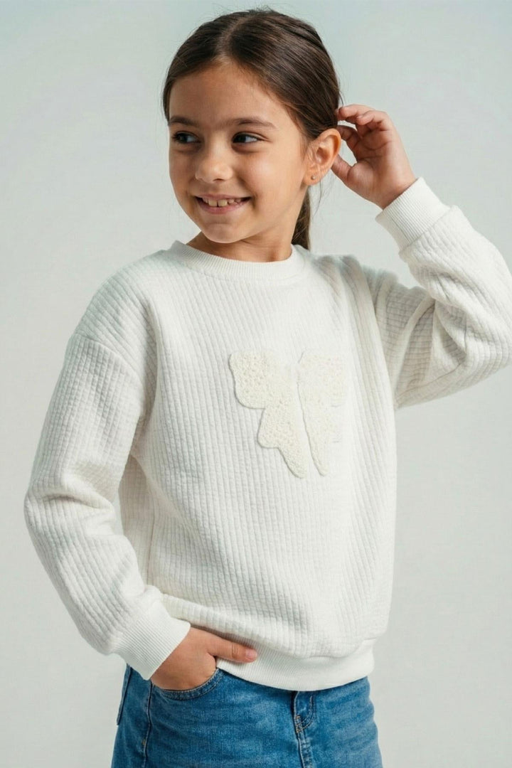 BRE Breeze Girl Child Sweatshirt Knitted Applique Bow Embroidered 5-9 Years, Ecru - Barri