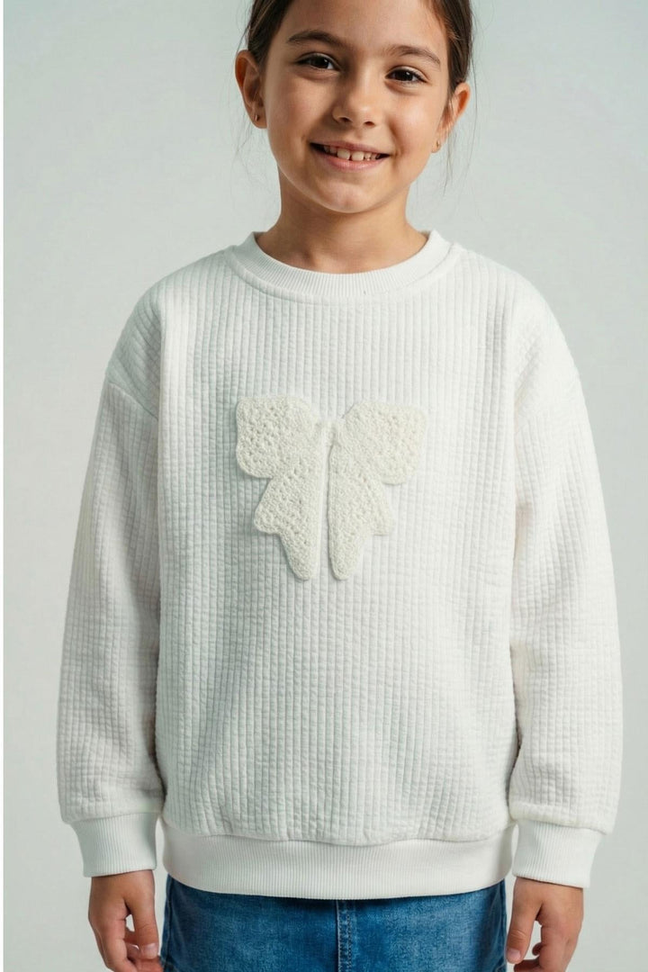 BRE Breeze Girl Child Sweatshirt Knitted Applique Bow Embroidered 5-9 Years, Ecru - Barri