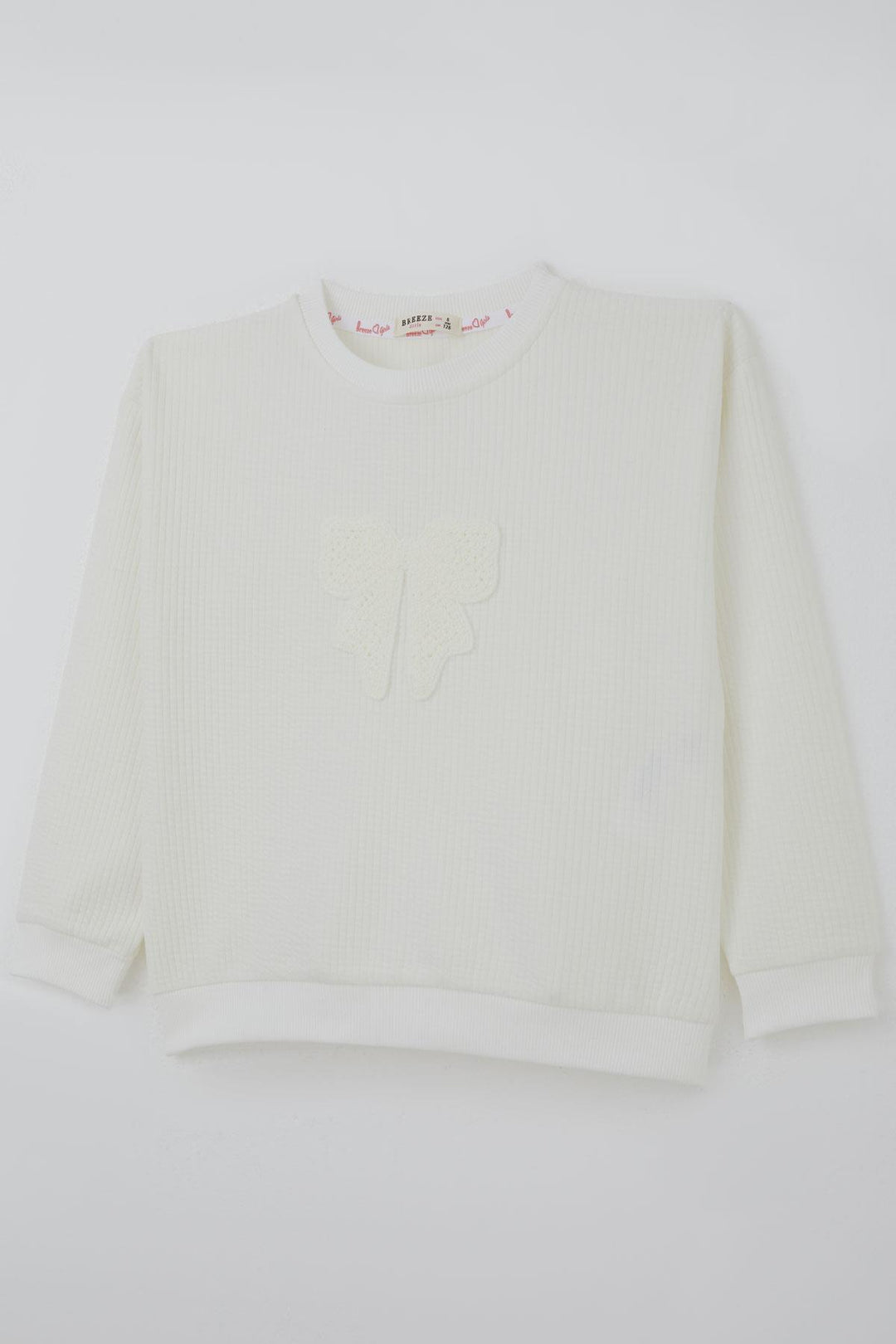 BRE Breeze Girl Child Sweatshirt Knitted Applique Bow Embroidered 5-9 Years, Ecru - Barri