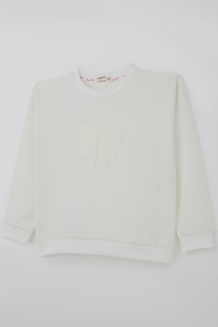 BRE Breeze Girl Child Sweatshirt Knitted Applique Bow Embroidered 5-9 Years, Ecru - Barri