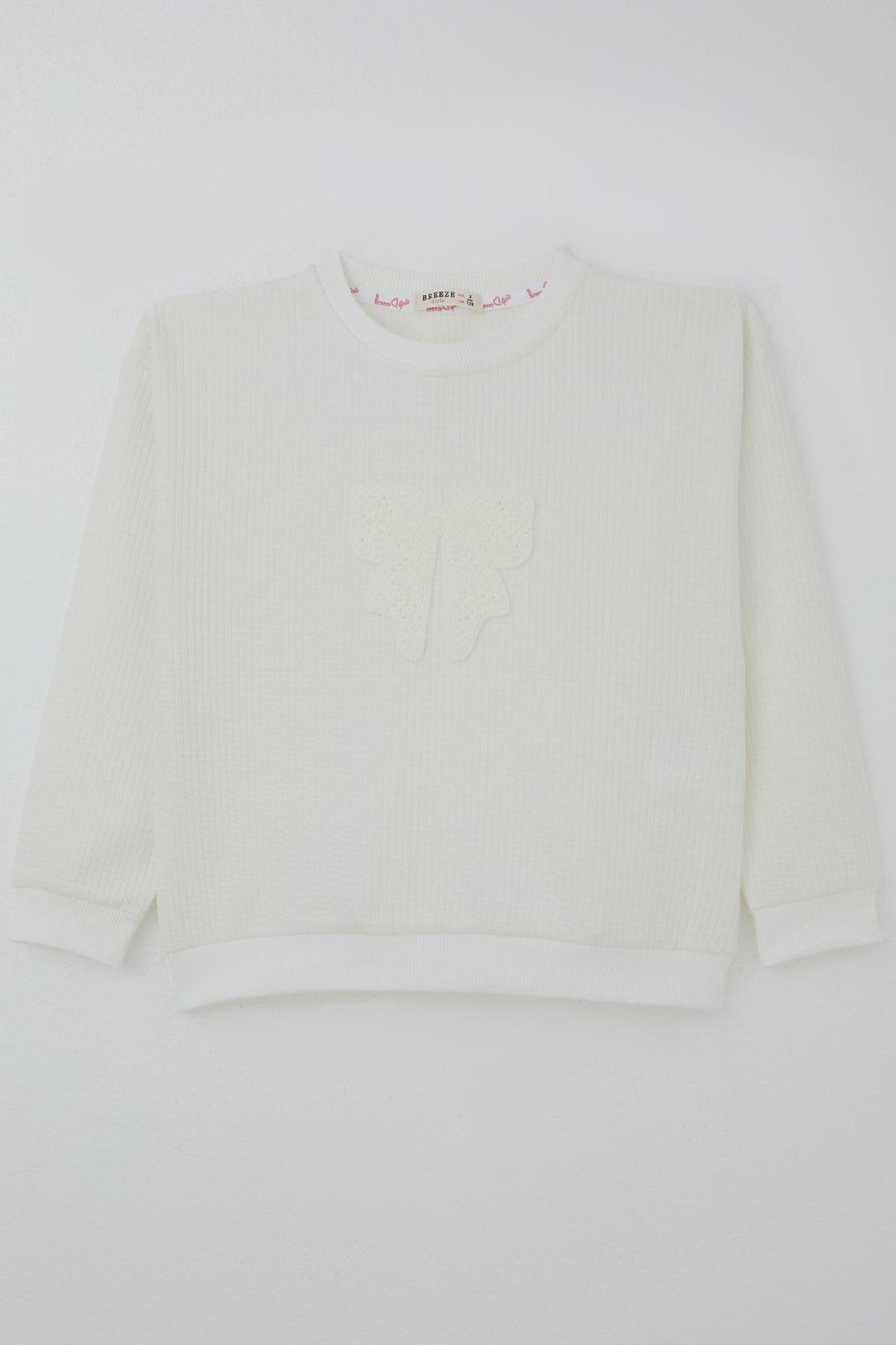 BRE Breeze Girl Child Sweatshirt Knitted Applique Bow Embroidered 5-9 Years, Ecru - Barri