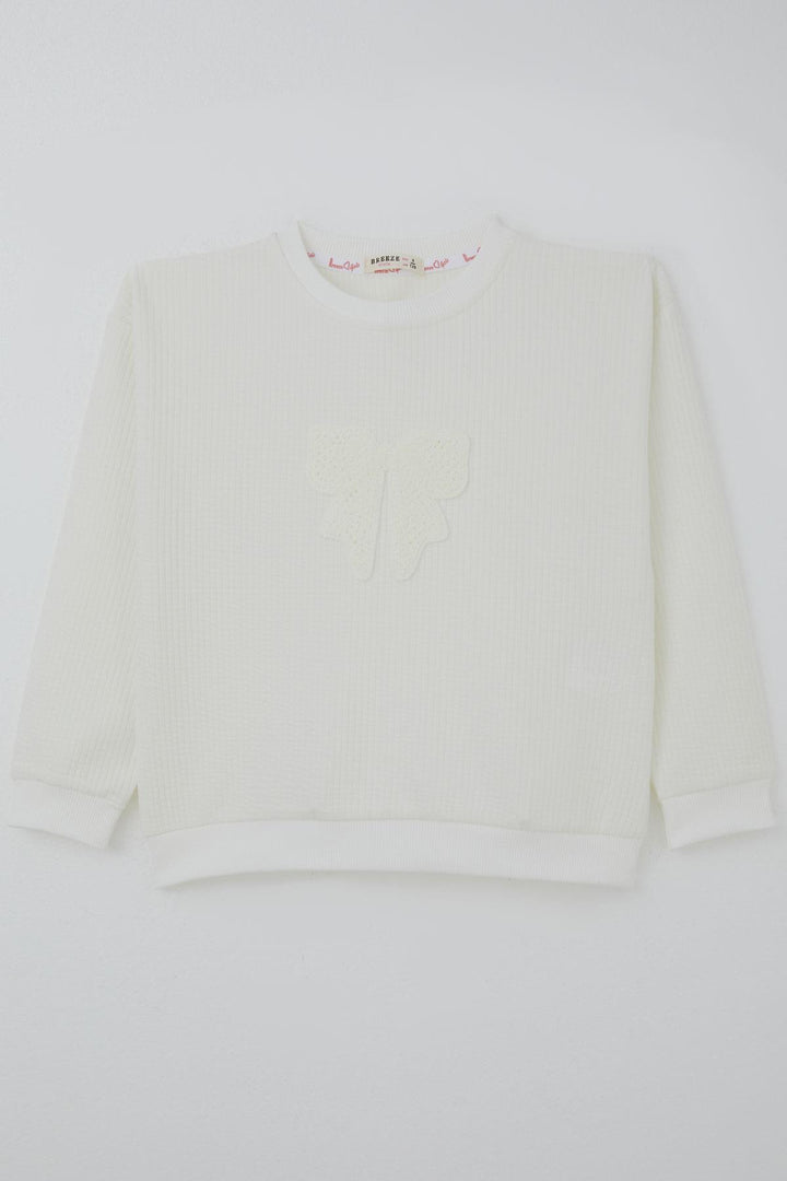 BRE Breeze Girl Child Sweatshirt Knitted Applique Bow Embroidered 5-9 Years, Ecru - Barri