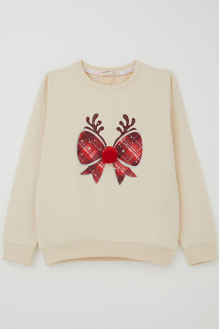 BRE Breeze Girl Child Sweatshirt with Pom Poms and New Year's Ribbon, 62 Years, Cream - Sainte-Geneviève-des-Bois