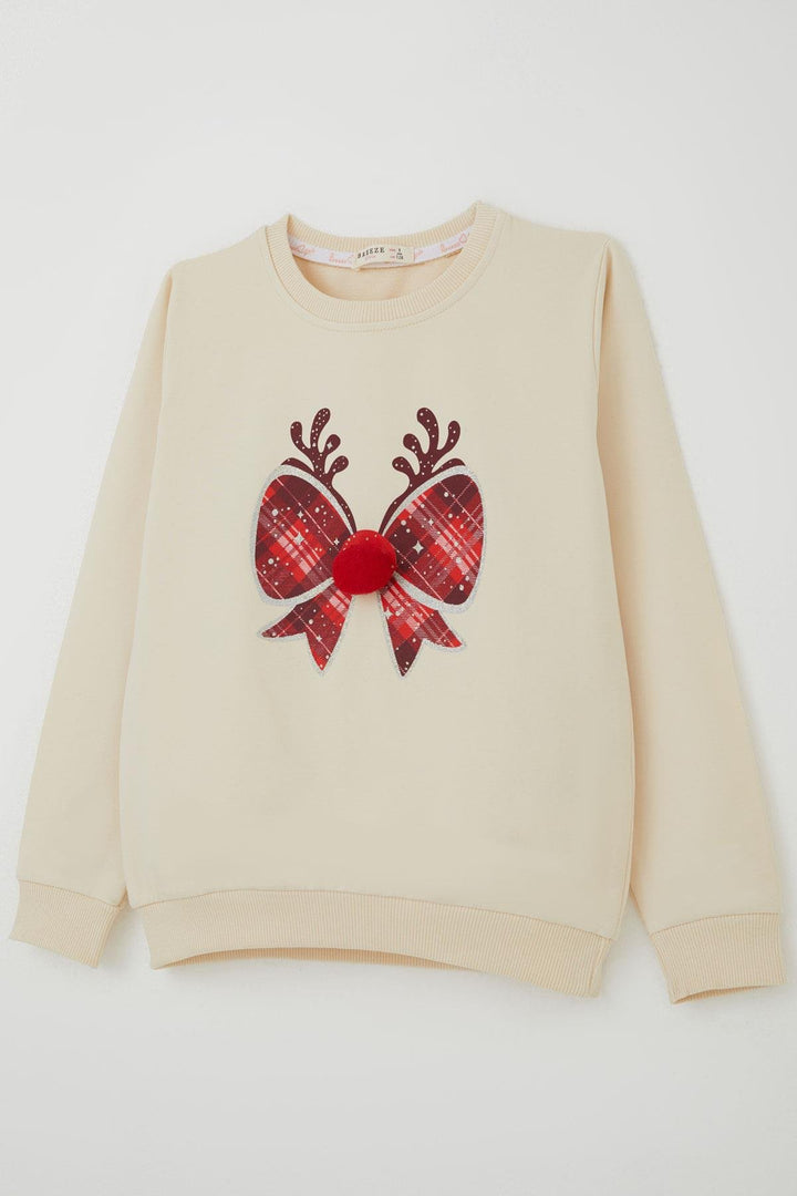 BRE Breeze Girl Child Sweatshirt with Pom Poms and New Year's Ribbon, 62 Years, Cream - Sainte-Geneviève-des-Bois