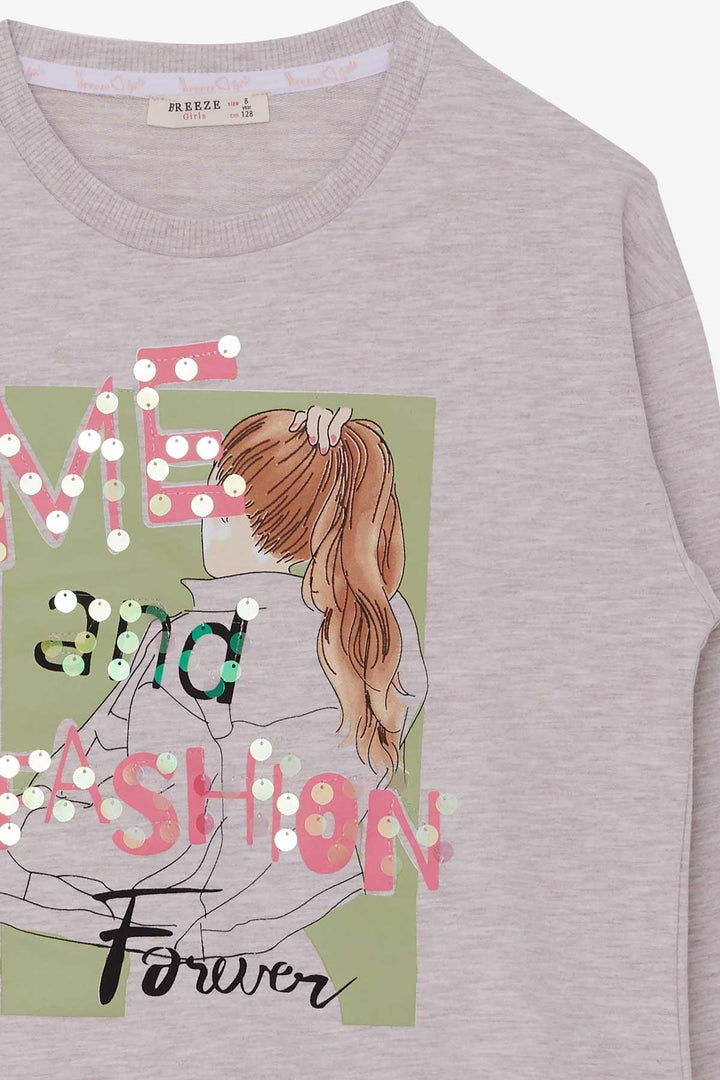 BRE Breeze Girl Child Sweatshirt Sequined Girl Printed 84 Years, Beige Melange - Puerto del Rosario