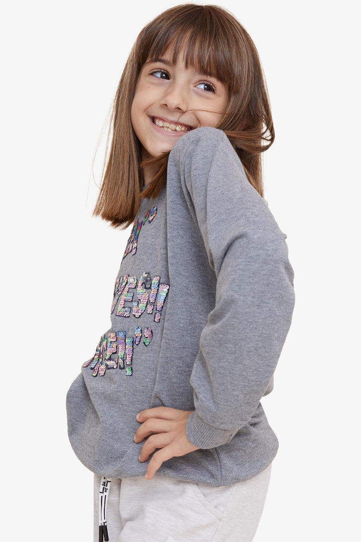 BRE Breeze Girl's Sweatshirt with Sequin Printed Writing, 84 Years, Dark Grey Melange - Everett