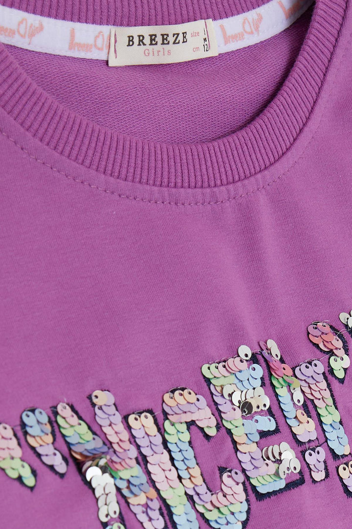 BRE Breeze Girl's Sweatshirt with Sequin Printed Text 84 Years, Purple - Acilia