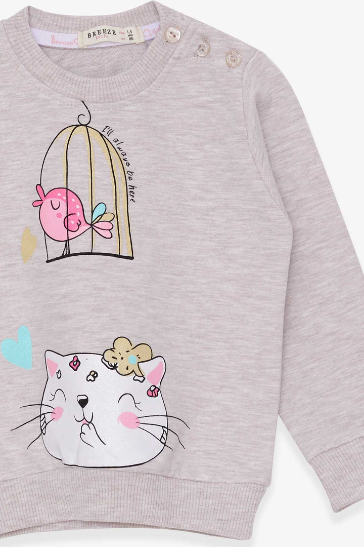 BRE Breeze Girl Child Sweatshirt with Glittery Kitty Print, 1.5-5 Years, Beige Melange - Pisa