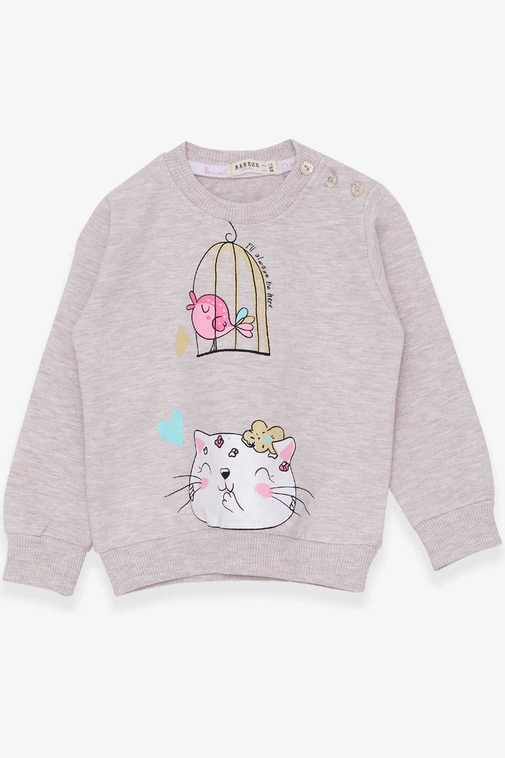 BRE Breeze Girl Child Sweatshirt with Glittery Kitty Print, 1.5-5 Years, Beige Melange - Pisa