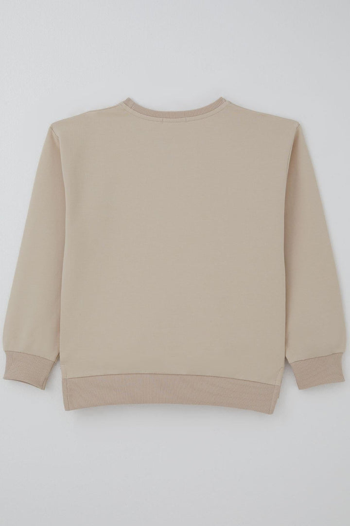 BRE Breeze Kız Çocuk Sweatshirt Simli Kurdeleli Kalp Baskılı 94 Yaş, Bej - Cagliari