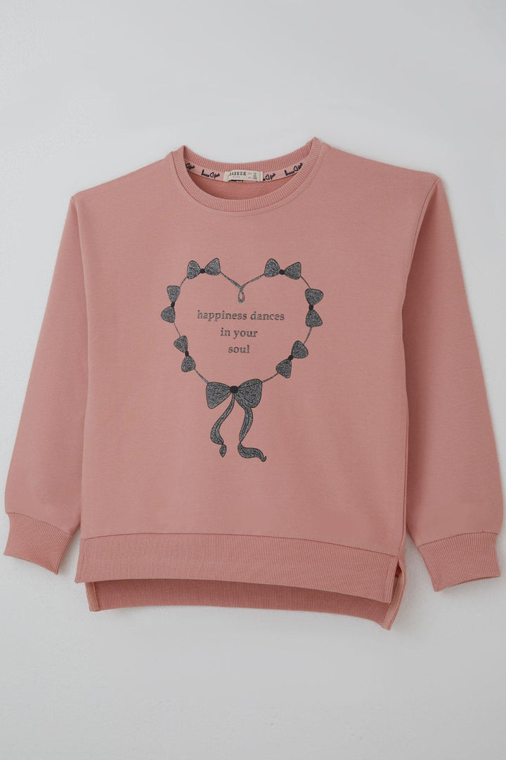 BRE Breeze Kız Çocuk Sweatshirt Simli Kurdeleli Kalp Baskılı 94 Yaş, Gülkurusu - Mollet
