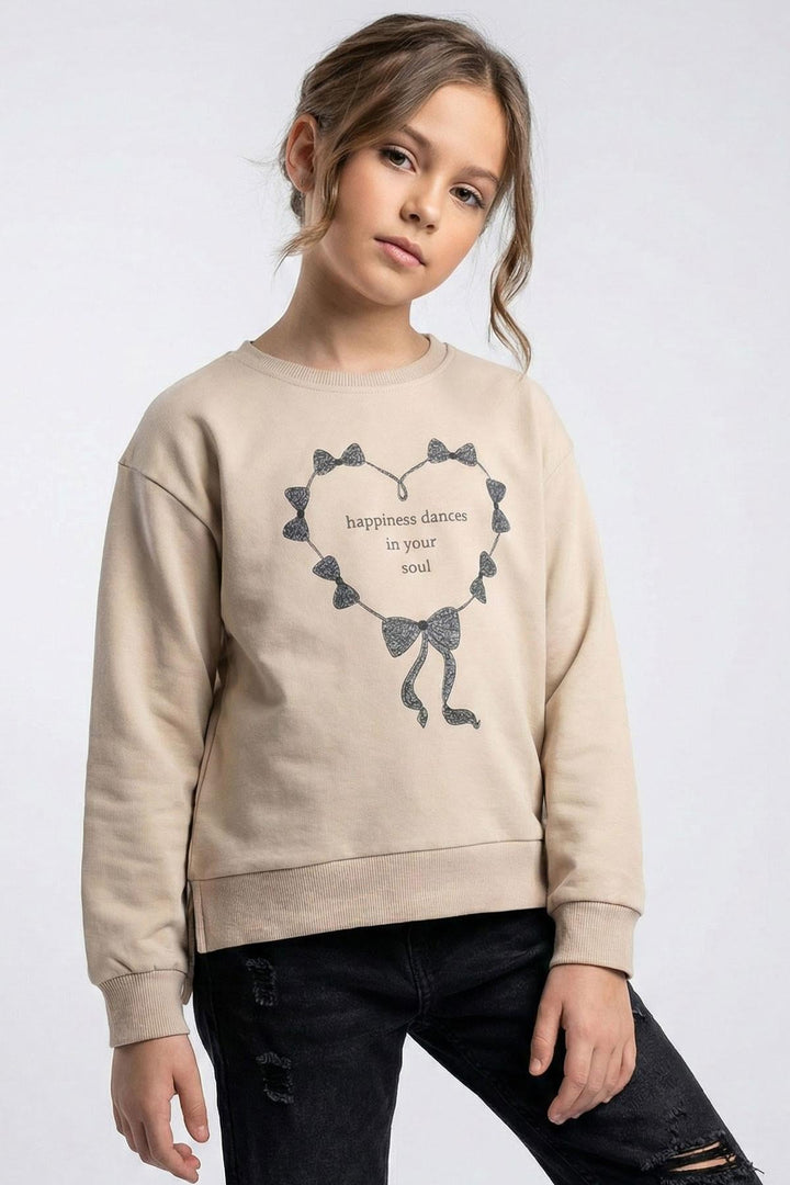 BRE Breeze Kız Çocuk Sweatshirt Simli Kurdeleli Kalp Baskılı 94 Yaş, Bej - Cagliari