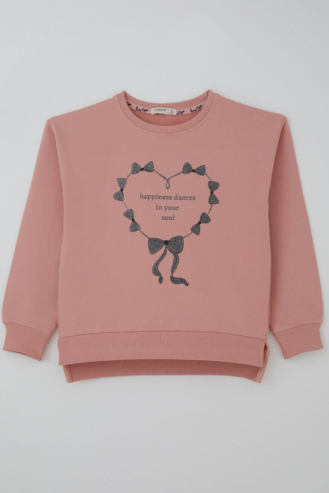 BRE Breeze Kız Çocuk Sweatshirt Simli Kurdeleli Kalp Baskılı 94 Yaş, Gülkurusu - Mollet