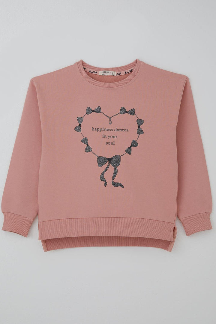 BRE Breeze Kız Çocuk Sweatshirt Simli Kurdeleli Kalp Baskılı 94 Yaş, Gülkurusu - Mollet