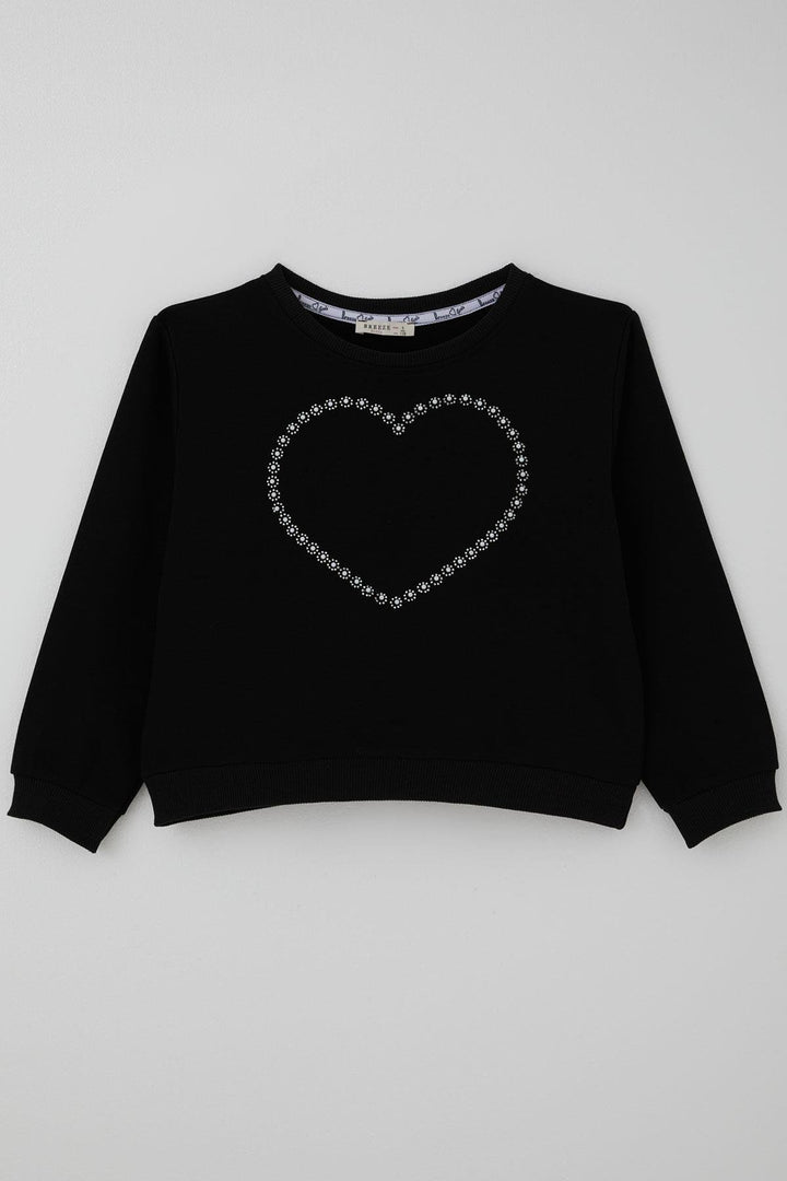 BRE Breeze Girl's Sweatshirt with Stone Heart Print, 72 Years, Black - Merthyr Tudful