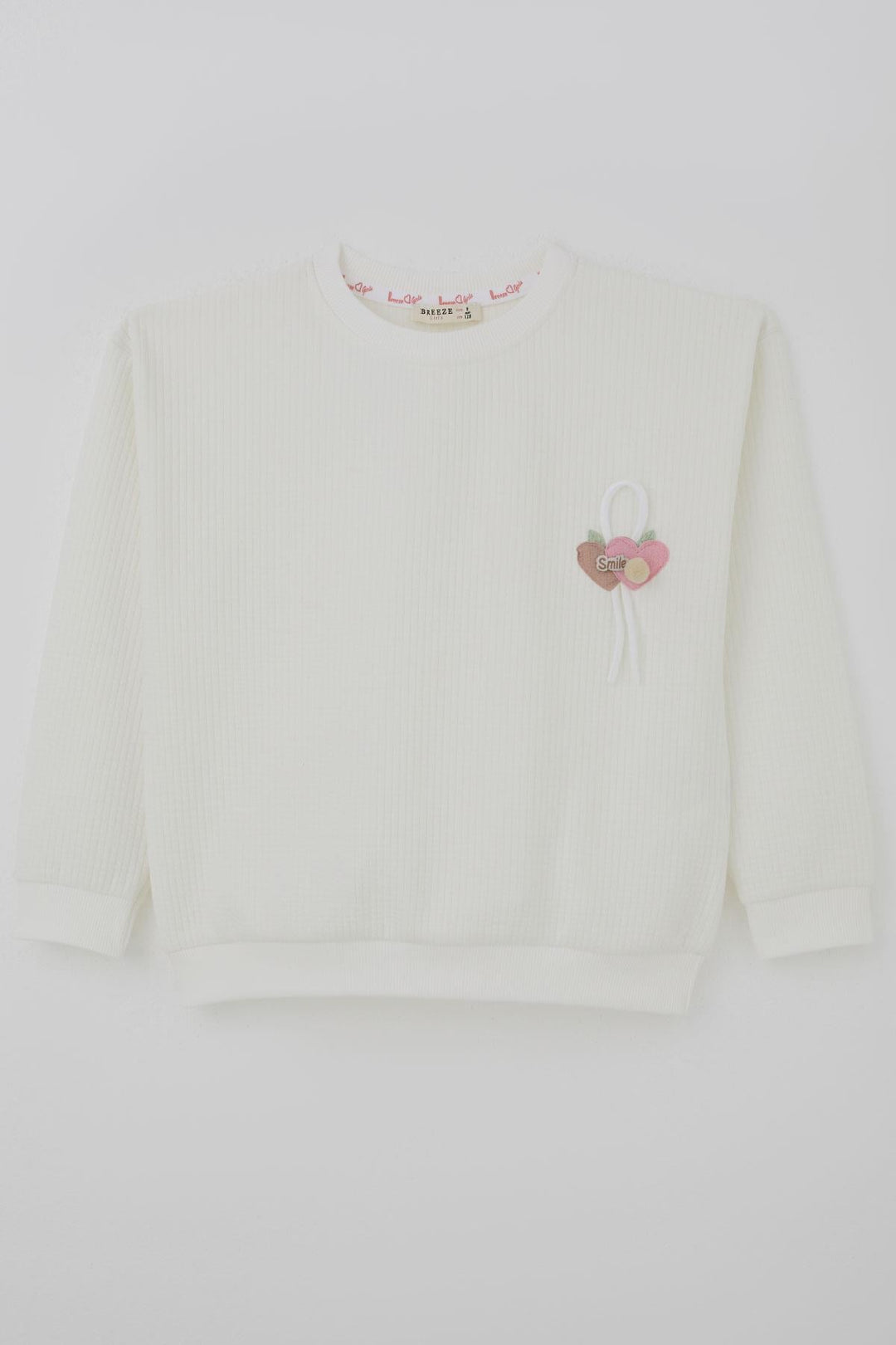 BRE Breeze Kız Çocuk Sweatshirt Waffle Dokulu Kalpli Ponponlu Arma Detaylı 5-9 Yaş, Ekru - Snizhne