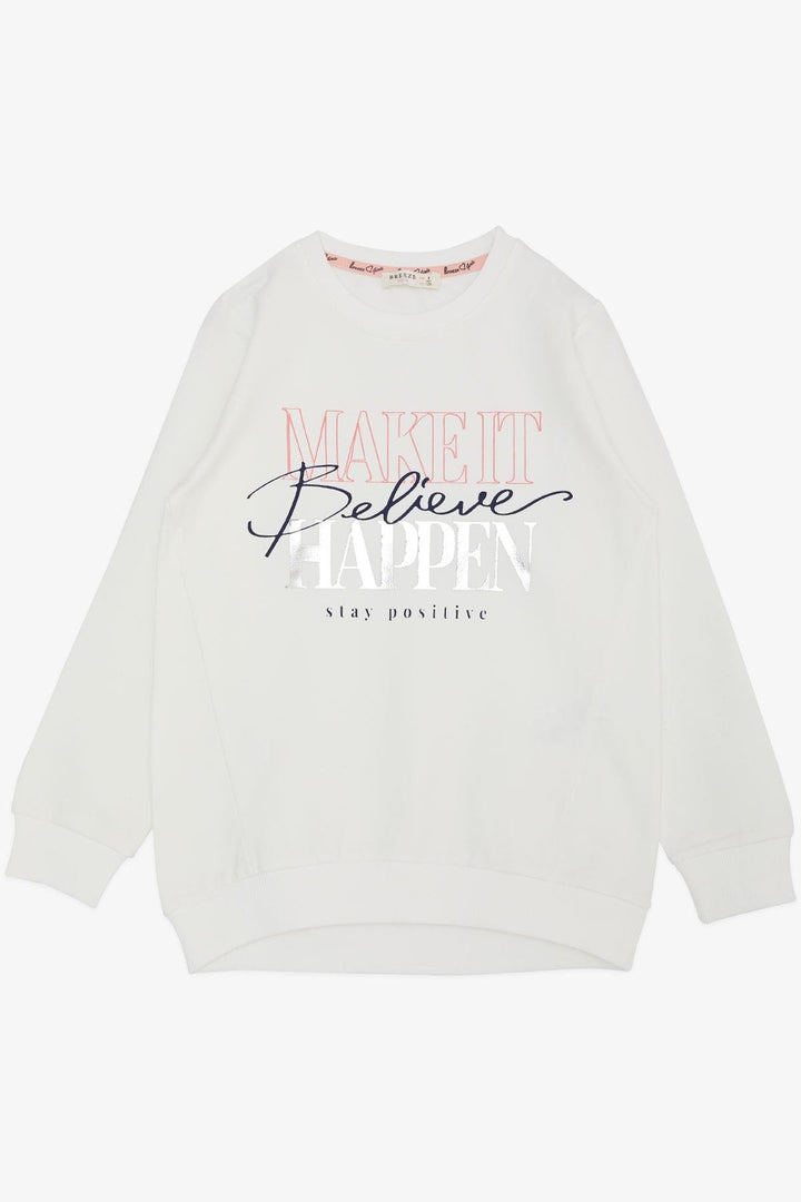 BRE Breeze Girl Child Sweatshirt with Gilded Text Print, 62 Years, Ecru - Salinas Victoria