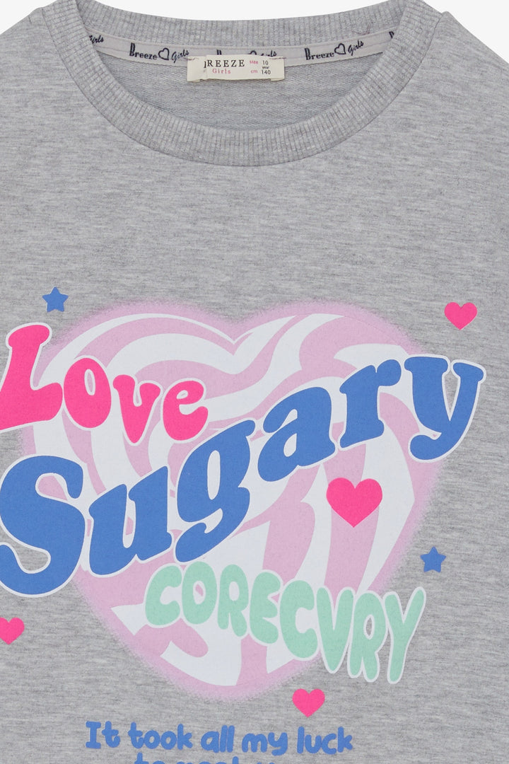 BRE Breeze Girl's Sweatshirt with Printed Writing and Slit, 94 Years, Light Grey Melange - Pombal